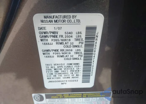 2007 Infiniti Fx35 z USA, uszkodzony, nr VIN JNRAS08U47X103252